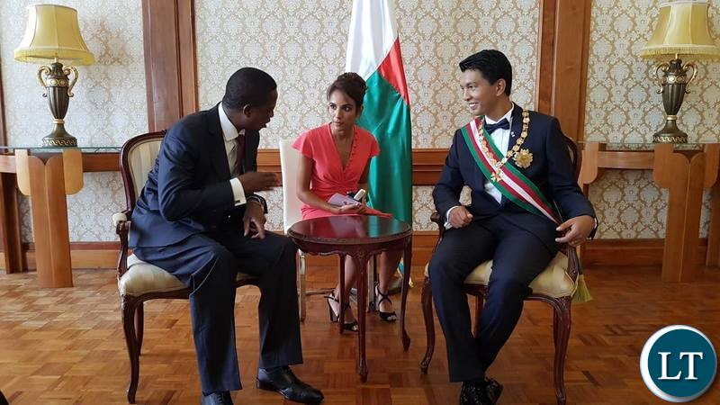 President Lungu with the newly inaugurated President, Andry Rajoelina in Antannarivo in Madagascar