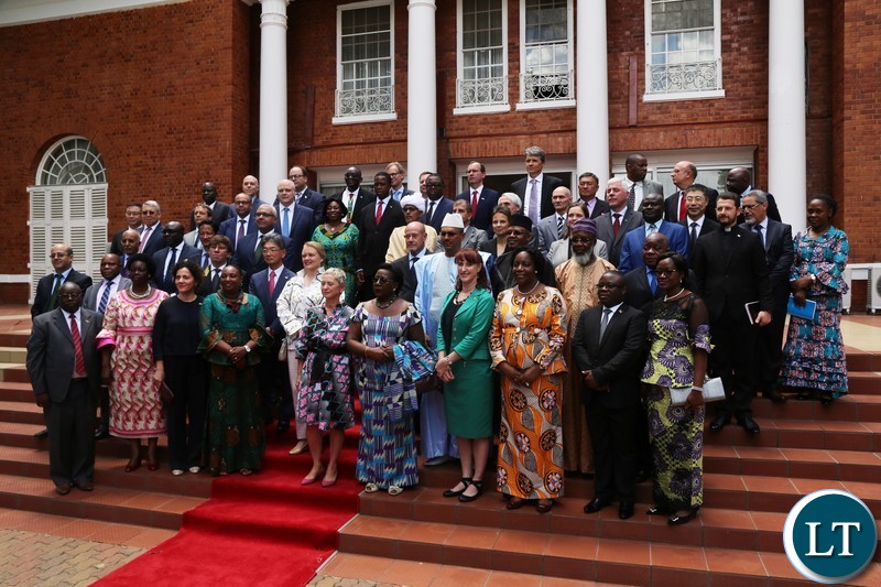 President Edgar Lungu pose for a group Photograph during the Annual Greeting Ceremony for Diplomatic Corps at State House