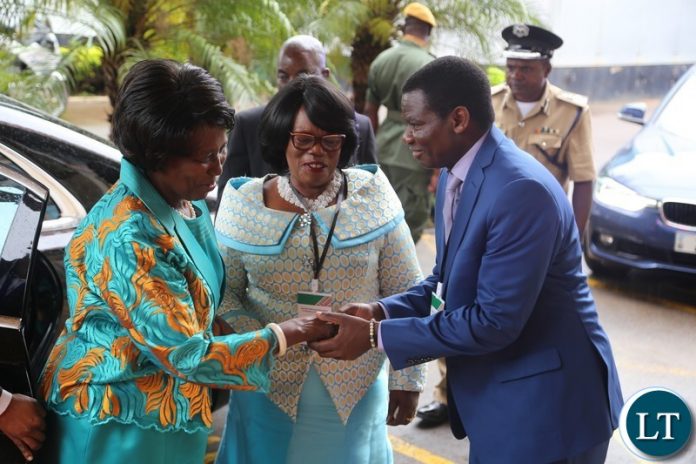 Acting President Inonge Wina being welcome by Minister of High Education Nkandu Luo and Minister of General Education David Mabumba at the Zambia National Educational Conference at Mulungushi Conference Center