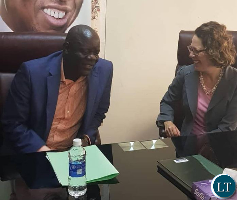 Political and Economic Section Chief of the United States of America Embassy in Zambia, Ms Doreen Bailey with Patriotic Front Secretary General Honourable Davies Mwila at the PF Secretariat