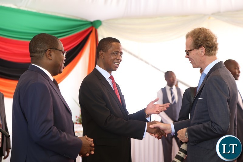 Swedish Ambassador Henrik Cederin talks to President Edgar Lungu during the Annual Greeting Ceremony for Diplomatic Corps at State House