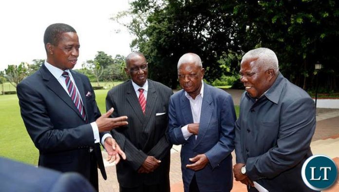 President Lungu with Veteran politician and freedom fighter Sikota Wina, former ZCCM Chairman Francis Kaunda, and Presidential Affairs Minister President Lungu with Veteran politician and freedom fighter Sikota Wina, former ZCCM Chairman Francis Kaunda, and Presidential Affairs Minister