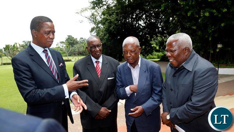 President Lungu with Veteran politician and freedom fighter Sikota Wina, former ZCCM Chairman Francis Kaunda, and Presidential Affairs Minister