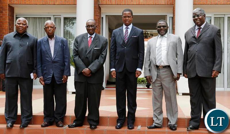 President Lungu with Veteran politician and freedom fighter Sikota Wina, former ZCCM Chairman Francis Kaunda, former Minister in the MMD regime Peter Machungwa and Mr Yotam Kacham