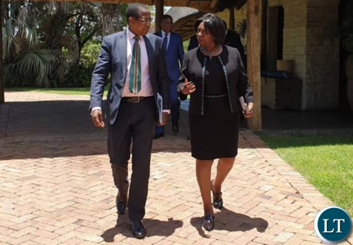 Zambia'sMinister of Finance MARGARET MWANAKATWE (right) and Zimbabwe's Minister of Finance & Economic Development Proffessor MTHULI NCUBE (left) at David Livingstone Hotel, Livingstone, Zambia, after the Zambezi River Authority Council of Minister's Meeting on the Batoka George. Zambia'sMinister of Finance MARGARET MWANAKATWE (right) and Zimbabwe's Minister of Finance & Economic Development Proffessor MTHULI NCUBE (left) at David Livingstone Hotel, Livingstone, Zambia, after the Zambezi River Authority Council of Minister's Meeting on the Batoka George.
