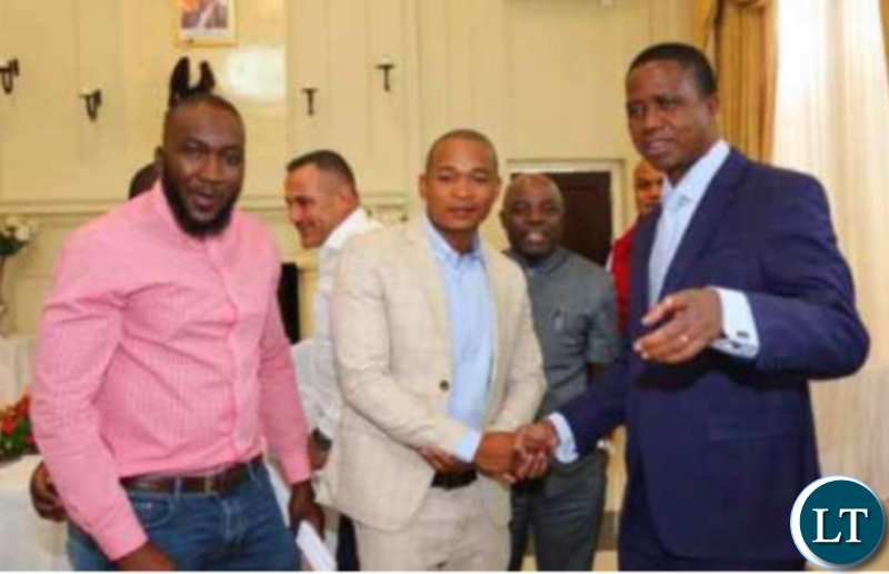 President Edgar Lungu shaking hands with Spax Mulenga, the current leader of the biggest jerabo group in Chingola, at State House recently. In the background is Shawi Fawaz.