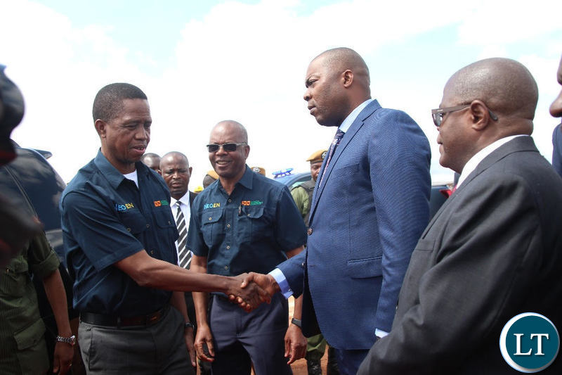 President Edgar Lungu greats Lusaka Province Minister Bowman Lusambo at the commissioning ceremony