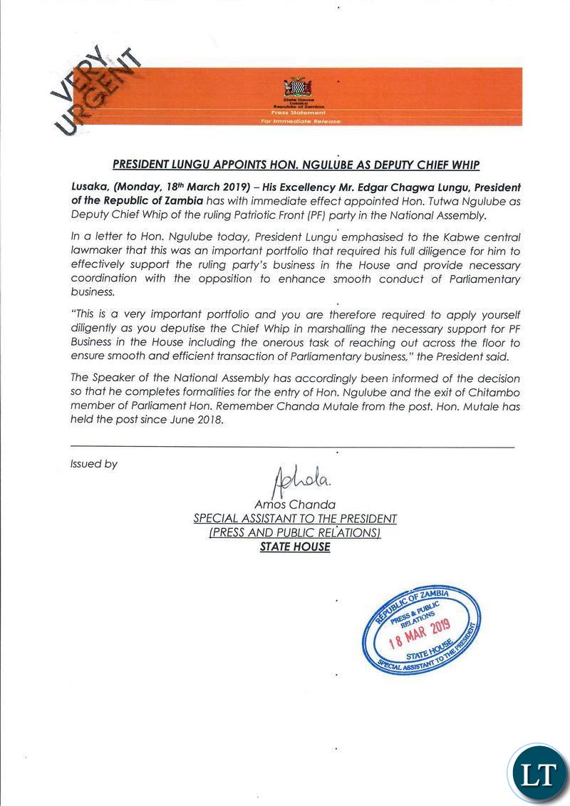Kabwe Central Member of Parliament, Tutwa Ngulube Appointment letter