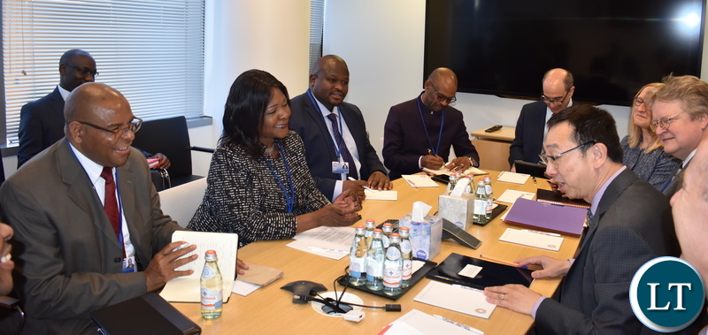 Finance Minister Margaret Mwanakatwe, National Development Planning Minister Alexander Chiteme, Deputy Secretary to the Cabinet – Finance and Economic Development Christopher Mvunga and Bank of Zambia Governor Denny Kalyalya (left) share a light moment with International Monetary Fund (IMF) Deputy Managing Director Tao Zhang during a meeting at IMF HQ in Washington DC USA on Wednesday 10 April 2019. PHOTO | CHIBAULA D. SILWAMBA | MNDP