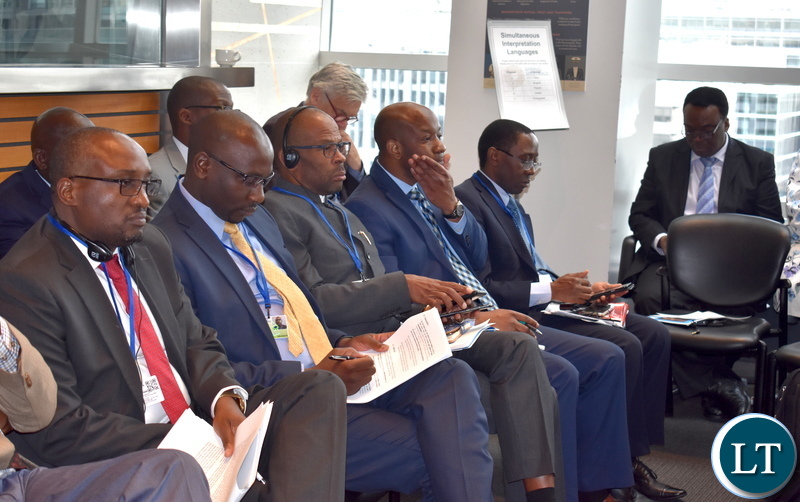 Ministry of National Development Planning Permanent Secretary (Development Planning) Chola Chabla, Finance Permanent Secretary (Economic Management and Finance) Mukuli Chikuba and Deputy Secretary to the Cabinet Christopher Mvunga participating in the Africa Group 1 Constituency 18th Statutory Meeting on Thursday 11 April, 2019. PHOTO | CHIBAULA D. SILWAMBA | MNDP