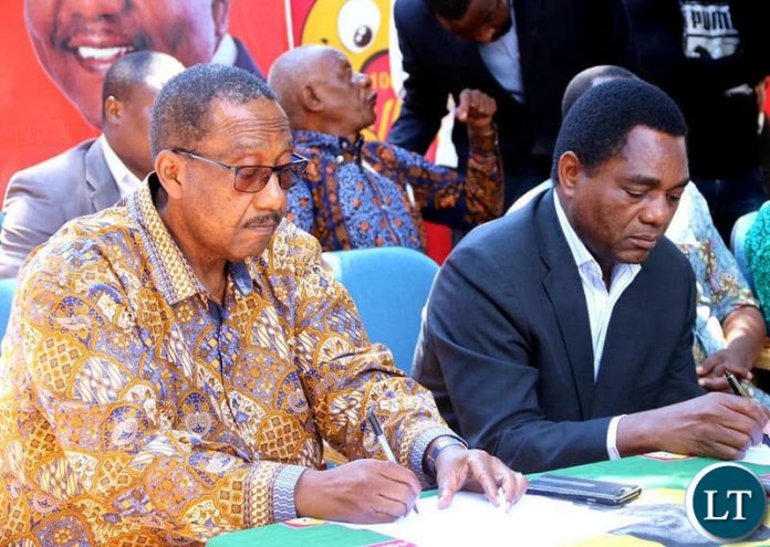 HH and GBM during a news conference at the UPND secretariat on Thursday, April 4th 2019