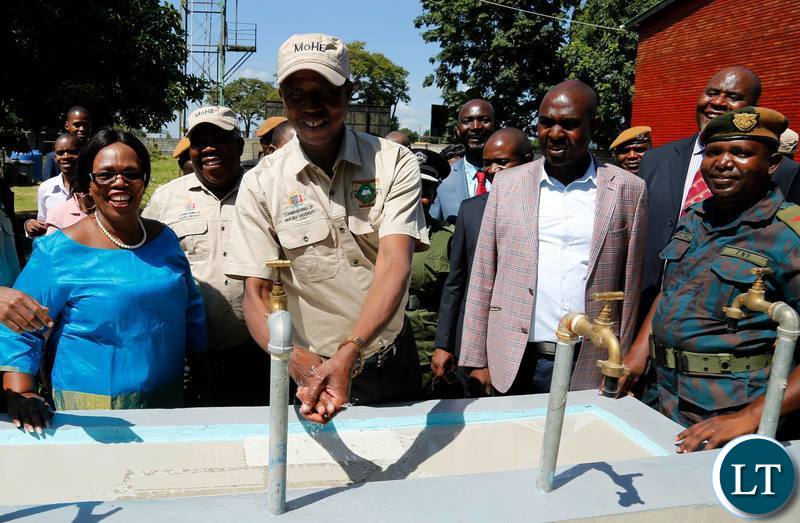 FROM LEFT:Minister of Higher Education Prof. Nkandu Luo,President Edgar Chagwa Lungu,Copperbelt Province Minister Japhen Mwakalombe during the tour the refurbished washing bay at Zambia Institute of Business Studies and Industrial Practice (ZIBSIP) in Kitwe on Wednesday,April 3,2019. PICTURE BY SALIM HENRY/STATE HOUSE ©2019