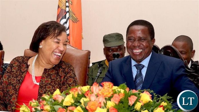 President Edgar Lungu enjoying a light moment with Commonwealth Secretary General Baroness Patricia Scotland during the opening of the Commonwealth Law Conference in Livingstone