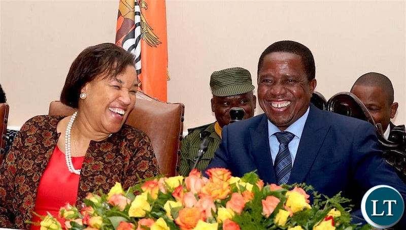 President Edgar Lungu enjoying a light moment with Commonwealth Secretary General Baroness Patricia Scotland during the opening of the Commonwealth Law Conference in Livingstone