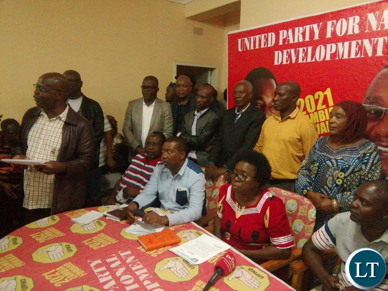 UPND National Chairperson Mutale Nalumango addressing the media at the secretariat after the NMC meeting.