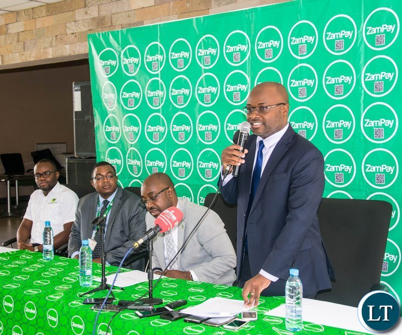 Zamtel CEO Sydney Mupeta speaking during the launch of the ZamPay Number Neutral Capability at Zamtel House