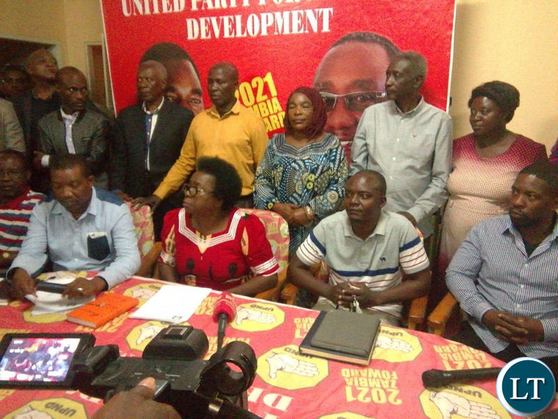 UPND National Chairperson Mutale Nalumango addressing the media at the secretariat after the NMC meeting.