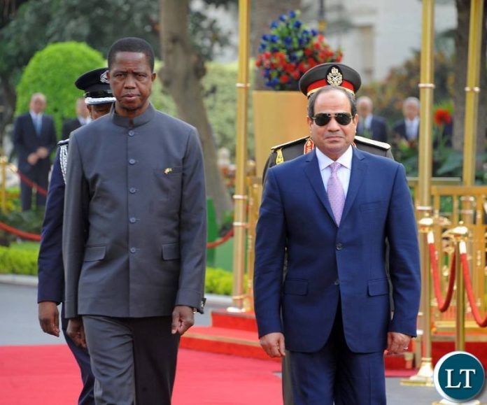 FILE: President Lungu in Egypt and welcomed by his host President Abdel Fattah el-Sisi when he arrived at the Presidency Headquarters before he Inspected a guard of Honour mounted in his honour by the Egyptian army.