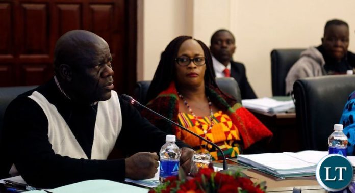 Patriotic Front (PF) Secretary General Davies Mwila (left) and his Deputy Mumbi Phiri during the Central Committee Meeting in Lusaka on Sunday,May 26,2019. PICTURE BY SALIM HENRY/STATE HOUSE ©2019
