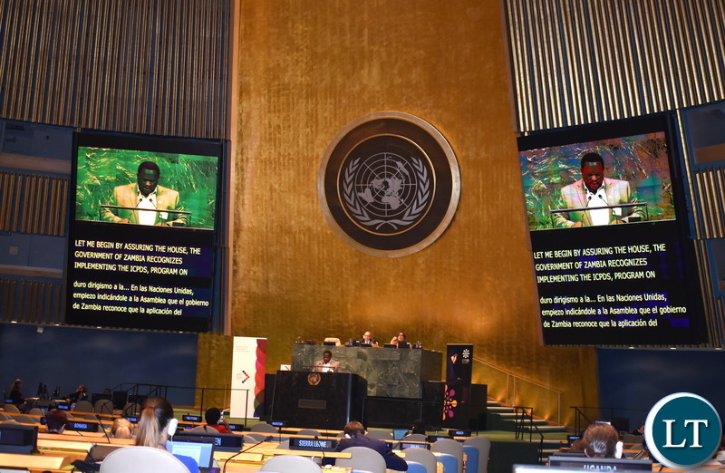 Minister of National Development Planning Alexander Chiteme addressing the United Nations General Assembly High-Level meeting on the commemoration of the 25th Anniversary of the International Conference on Population and Development (ICPD@25) in New York USA on Tuesday 16 July, 2019. Mr. Chiteme and Muchinga Province Minister Malozo Sichone are participating in the 2019 High Level Political Forum on Sustainable Development Ministerial meeting at the United Nations Headquarters in New York. PHOTO | CHIBAULA D. SILWAMBA | MNDP
