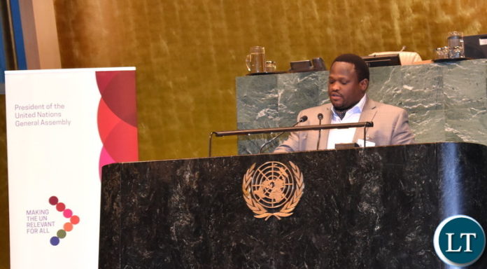 Minister of National Development Planning Alexander Chiteme addressing the United Nations General Assembly High-Level meeting on the commemoration of the 25th Anniversary of the International Conference on Population and Development (ICPD@25) in New York USA on Tuesday 16 July, 2019. Mr. Chiteme and Muchinga Province Minister Malozo Sichone are participating in the 2019 High Level Political Forum on Sustainable Development Ministerial meeting at the United Nations Headquarters in New York. PHOTO | CHIBAULA D. SILWAMBA | MNDP Minister of National Development Planning Alexander Chiteme addressing the United Nations General Assembly High-Level meeting on the commemoration of the 25th Anniversary of the International Conference on Population and Development (ICPD@25) in New York USA on Tuesday 16 July, 2019. Mr. Chiteme and Muchinga Province Minister Malozo Sichone are participating in the 2019 High Level Political Forum on Sustainable Development Ministerial meeting at the United Nations Headquarters in New York. PHOTO | CHIBAULA D. SILWAMBA | MNDP