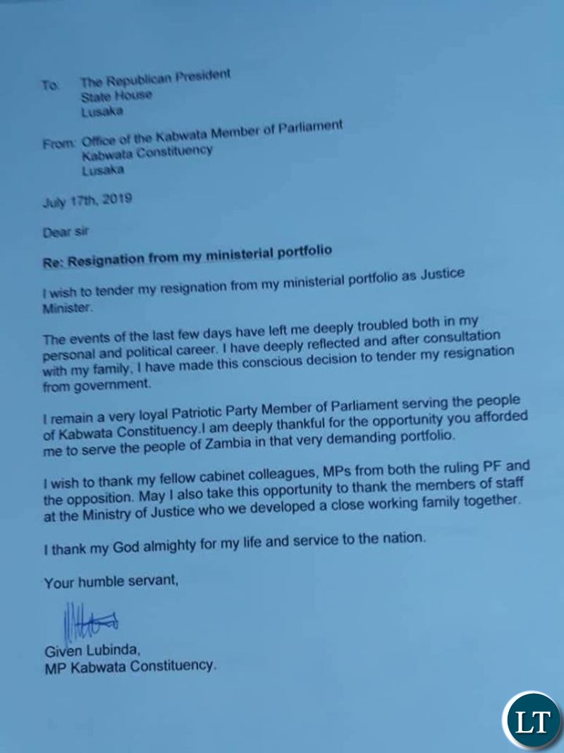 Given Lubinda mocks the fake resignation letter in Parliament Given Lubinda mocks the fake resignation letter in Parliament
