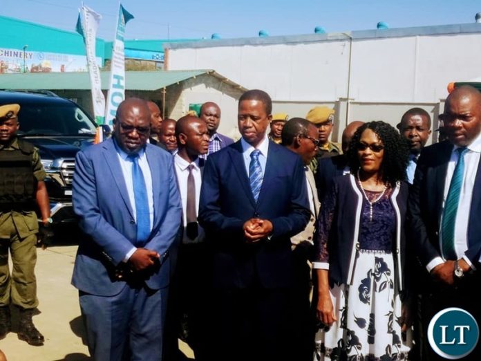 President Lungu arrives at the Commisioning of the warehouse in the company of Health Minister Dr Chitalu Chilufya, PF Deputy SG Mumbi Phiri and Lusaka Province Minister Bowman Lusambo