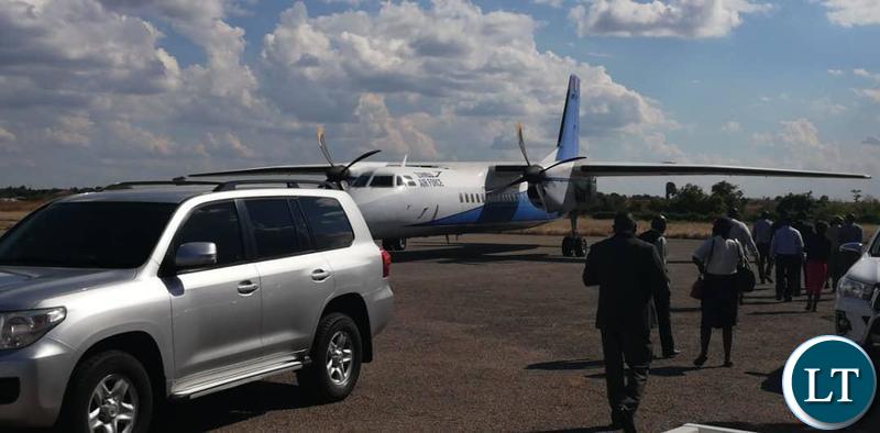 KCM Provisional Liquidator Milingo Lungu arriving in Chingola recently on a ZAF plane.