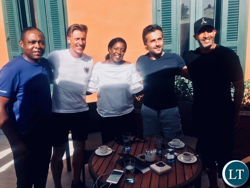 Monica with Zambia soccer icon, Kalusha Bwalya and former Zambian Coach, Herve Reinhard