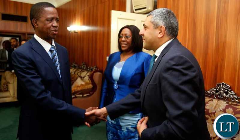 President Edgar Chagwa Lungu (left) welcomes United Nations World Tourism Organisation (UNWTO) Secretary-General Zurab Pololikashvili (right) and Zambia's Ambassador to France Dr. Christine Kaseba-Sata (centre) at State House in Lusaka on Tuesday,July 23,2019. PICTURE BY SALIM HENRY/STATE HOUSE ©2019