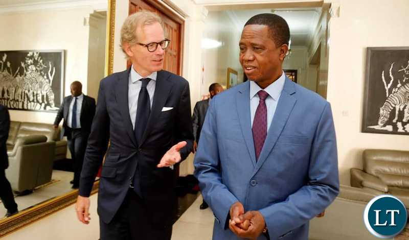 President Edgar Chagwa Lungu (right) speaks with Swedish Ambassador to Zambia Henrik Cederin at State House in Lusaka on Tuesday,July 16,2019. PICTURE BY SALIM HENRY/STATE HOUSE ©2019