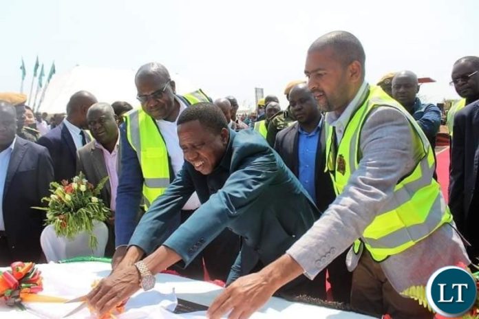 Republican President of Zambia, His Excellency Dr. Edgar Chagwa Lungu laying the foundation stone for construction of the landmark 800 bed capacity ultra morden state of the art Bangweulu Regional Hospital. The President is flanked by Health Minister of the Republic of Zambia, Hon. Dr. Chitalu Chilufya, Housing and Infrastructure Minister, Hon. Vincent Mwale, Northern Province Minister Hon. Lazarus Chungu and Kasama Central Lawmaker Hon. Kelvin Sampa. Photo Credit : Ministry of Health