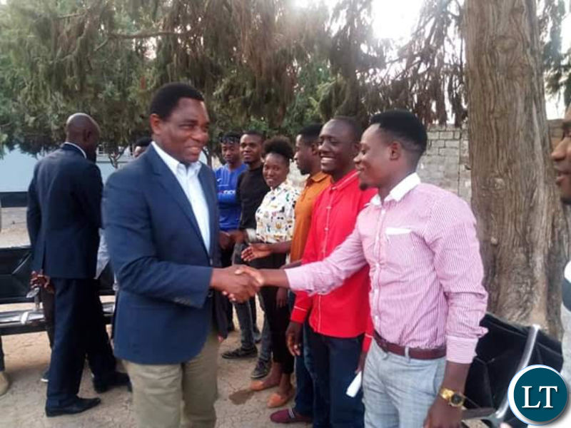 HH greets Evelyn Hone students at the UPND secretariat recently