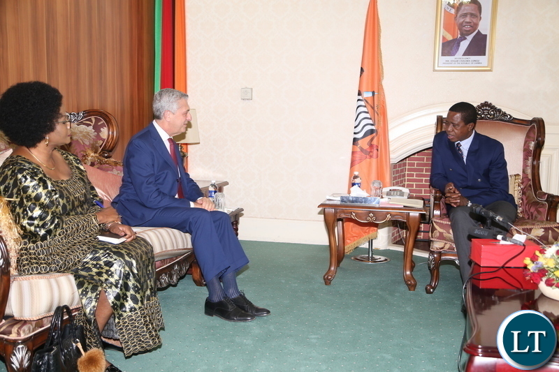 The President of the Republic of Zambia, His Excellency, Mr. Edgar Chagwa Lungu, and the UN High Commissioner for Refugees, Mr Filippo Grandi, holding talks at State House