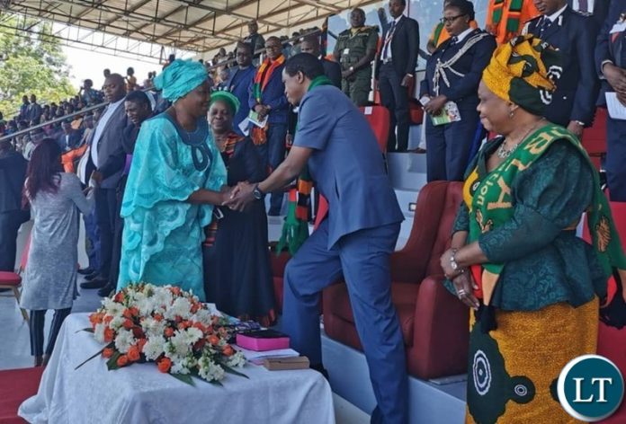 President EDGAR LUNGU shakes hands with leader of the opposition party FDD Edith Nawakwi at the prayer service in Lusaka President EDGAR LUNGU shakes hands with leader of the opposition party FDD Edith Nawakwi at the prayer service in Lusaka