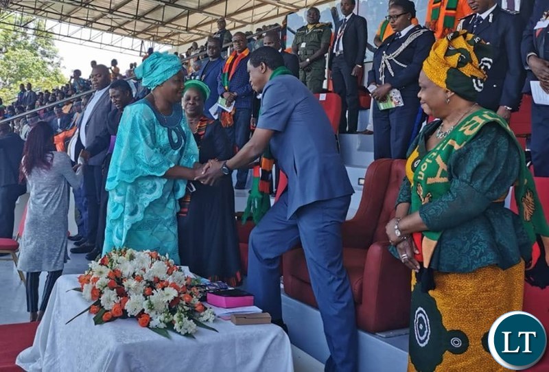 President EDGAR LUNGU shakes hands with leader of the opposition party FDD Edith Nawakwi at the prayer service in Lusaka