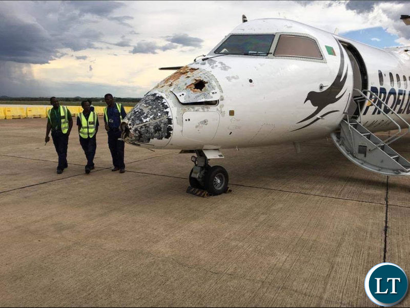 Bombardier Dash 8 Turbo prop aircraft after surviving the hailstorm
