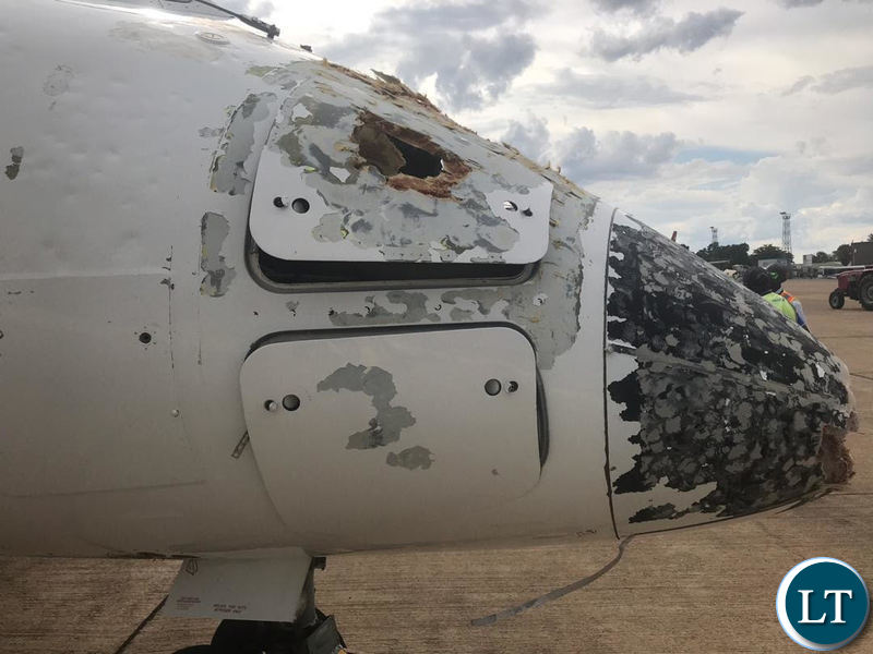Bombardier Dash 8 Turbo prop aircraft after surviving the hailstorm