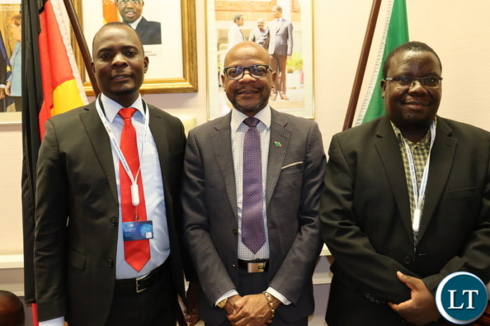 Hon Machila, Officer Ilishebo when they visited Ambassador Anthony Mukwita at the embassy of Zambia in Berlin on the side lines of the internet conference.