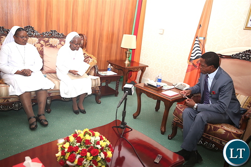 President Lungu greets Kabulonga's Cheshire Home Director Sr Fatima Chisalukila at State House where a delegation of Catholic Sisters from Cheshire home paid a Courtesy call on him on Friday, November 8,2019 -Pictures by THOMAS NSAMA
