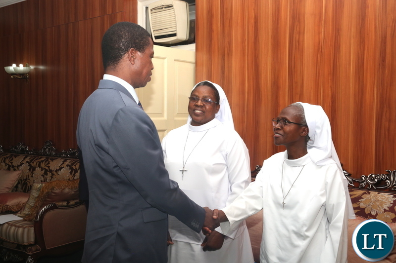 President Lungu greets Kabulonga's Cheshire Home Director Sr Fatima Chisalukila at State House where a delegation of Catholic Sisters from Cheshire home paid a Courtesy call on him on Friday, November 8,2019 -Pictures by THOMAS NSAMA