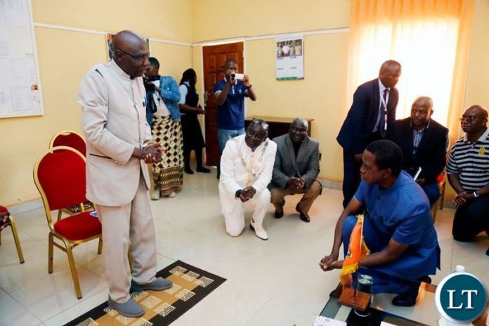 President Edgar Chagwa Lungu (right) being welcomed by Paramount Chief Chitimukulu in Kasama