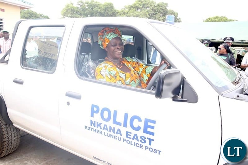 First Lady Esther Lungu Test Driving  the  $36,000 brand new Nissan Hard body 4×4 Motor Vehicle donated to  the modern Esther Lungu Police Post.