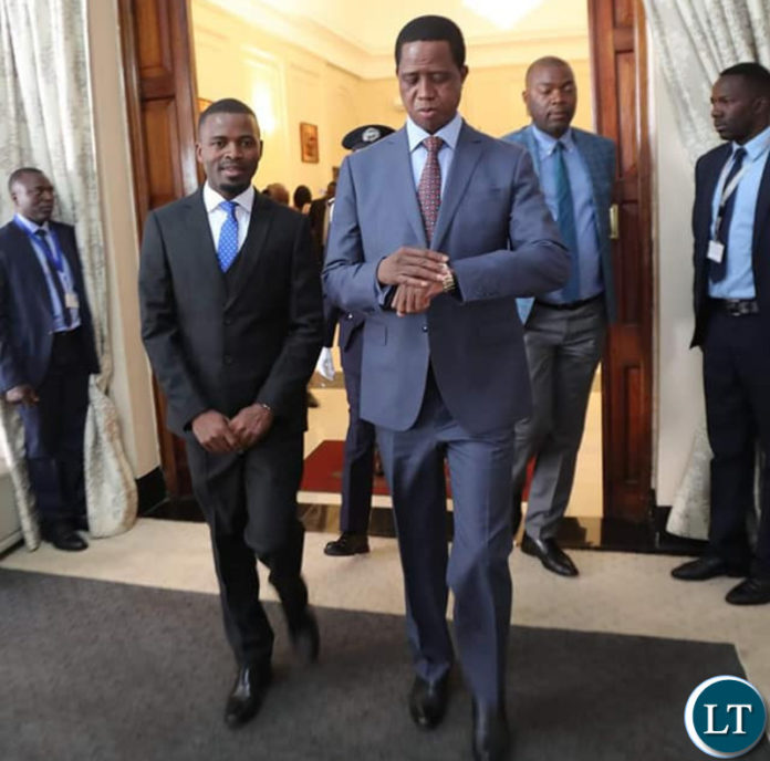 President Lungu with his new Special Assistant for Politics. Dr Chris Zumani Zimba during the swearing in Ceremony