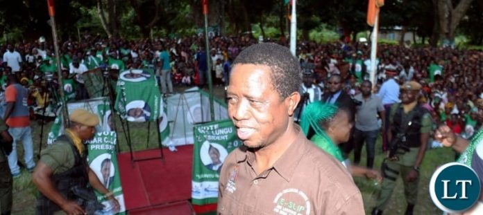 President Edgar Chagwa Lungu drums up support for the Patriotic Front (PF) Candidate Mulenga Fube in the February 13th Parliamentary by-election at Santa Maria Mission in Chilubi constituency, Northern Province.