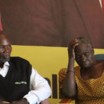 Samuel Kasoleka with his sister Mirriam at the UPND secretariat during the news briefing