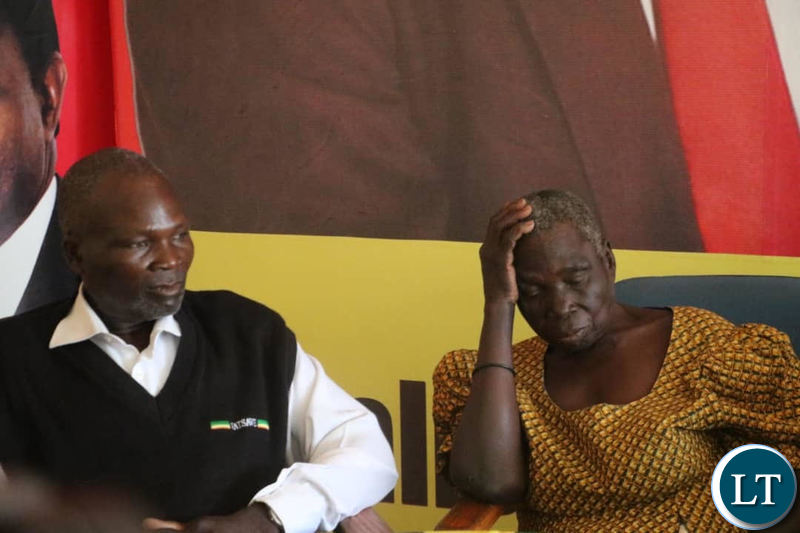 Samuel Kasoleka with his sister Mirriam at the UPND secretariat during the news briefing