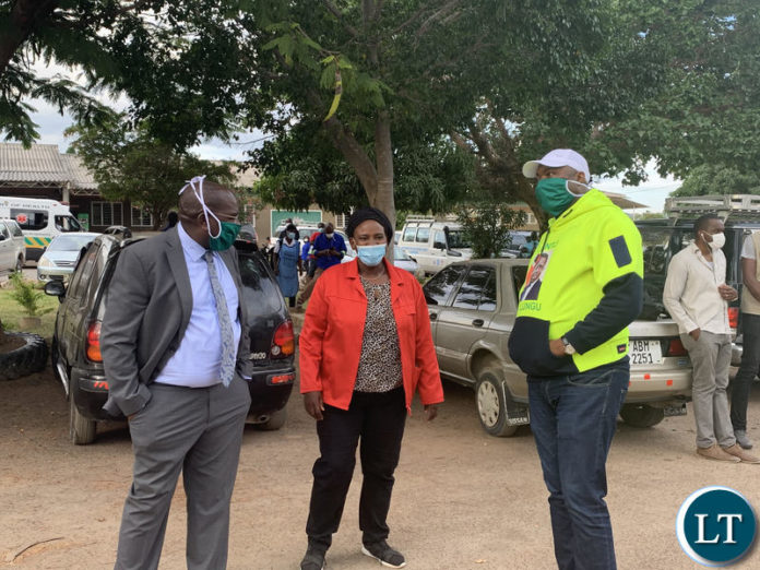 Health Minister Dr Chitalu Chilufya in the company of Lusaka Province Bowman Lusambo and Kafue Member of Parliament Mirriam Chonya at Kafue District Health Management Office on Wednesday