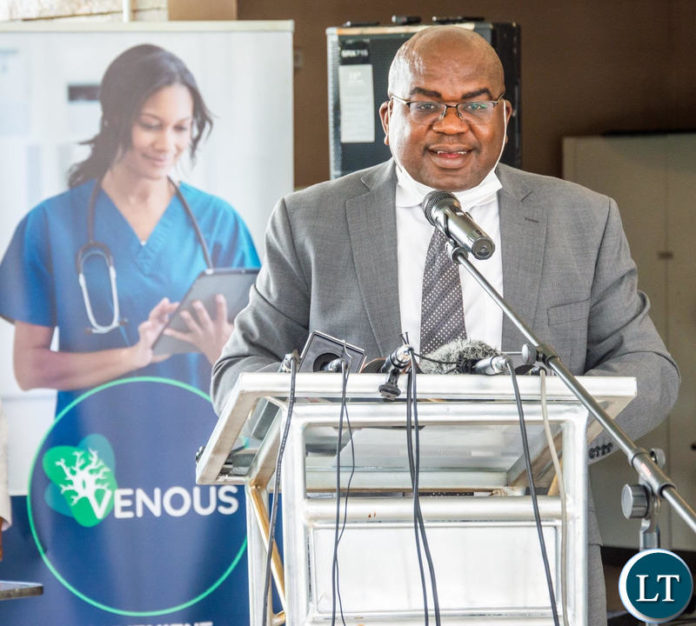 Health Minister Dr Chitalu Chilufya speaking at the launch of Venous, a digital health product developed by Zamtel