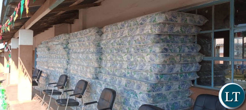 Part of the mattresses donated to Solwezi Technical School by Lusaka Province Minister Bowman Lusambo
